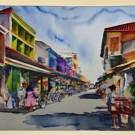 Image similar to singapore katong shophouses street scene, highly detailed, contemporary watercolor, smooth, by joseph zbikowicz, 8 k