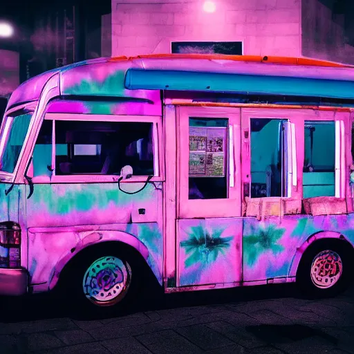 Prompt: vaporwave ice cream truck in silent hill at nighttime