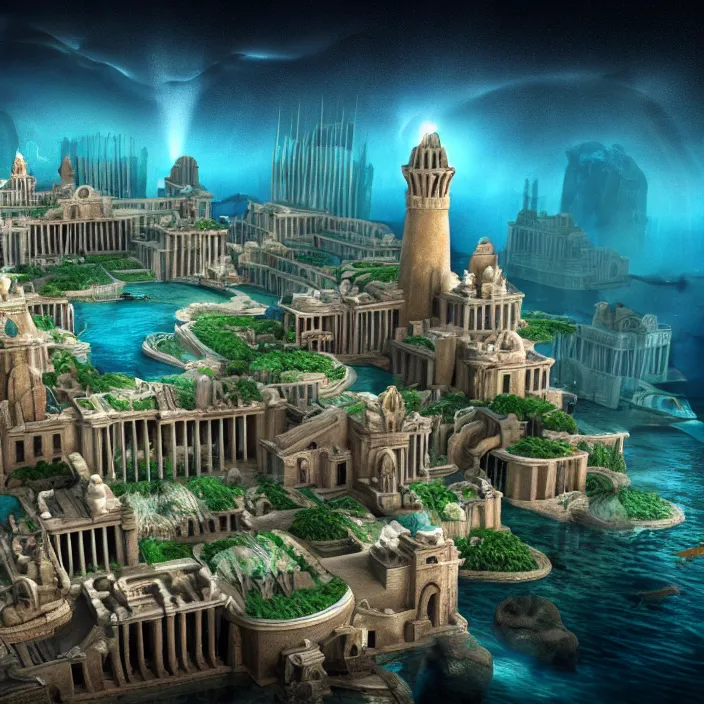 Image similar to hyper realistic, high detail photo of city of atlantis, underwater, lights on, beautiful, dreary lighting