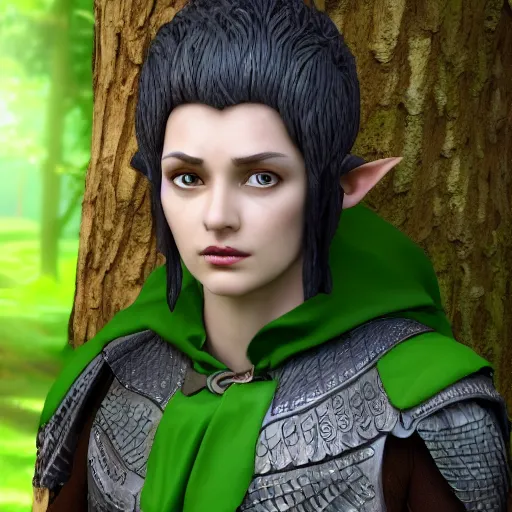 Image similar to athena as a medieval fantasy wood elf, dark purplish hair tucked behind ears, wearing a green tunic with a fur lined collar and brown leather armor, wide, muscular build, scar across nose, one black, scaled arm, cinematic, character art, digital art, forest background, realistic. 8 k