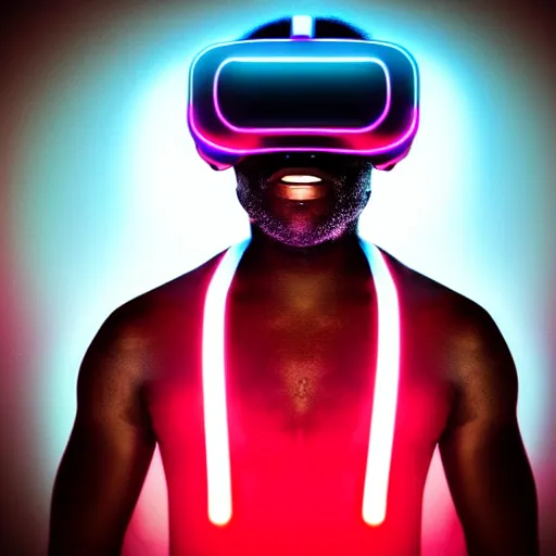 Image similar to dark skinned man wearing futuristic vr headset neon lights ambient light unity game ultra - realistic