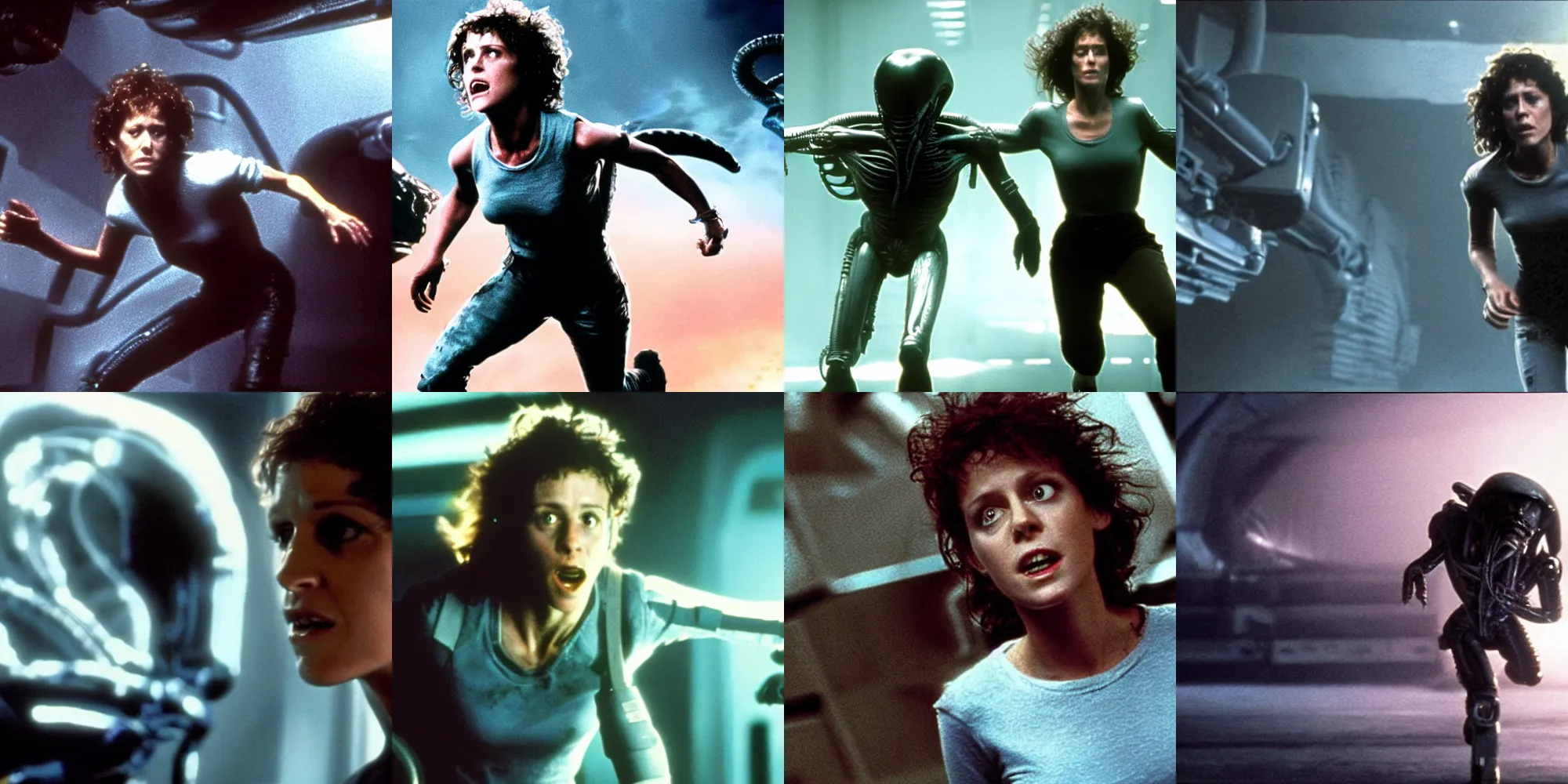 Prompt: Ellen Ripley from Alien running away from a xenomorph, 4k film still, extremely detailed