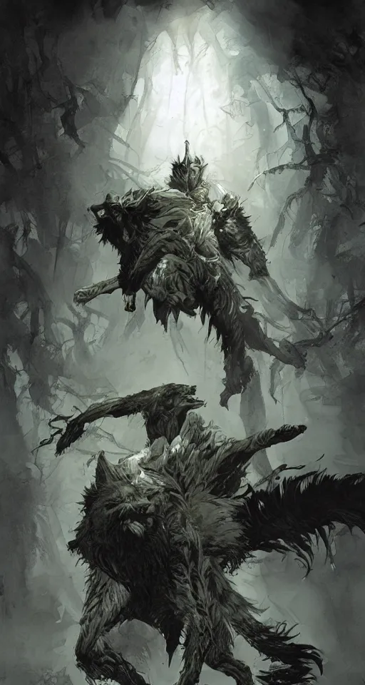 Image similar to king of the wolves. By Travis Charest, James Gurney, and Ashley Wood. dramatic lighting. Magic the gathering. digital painting.