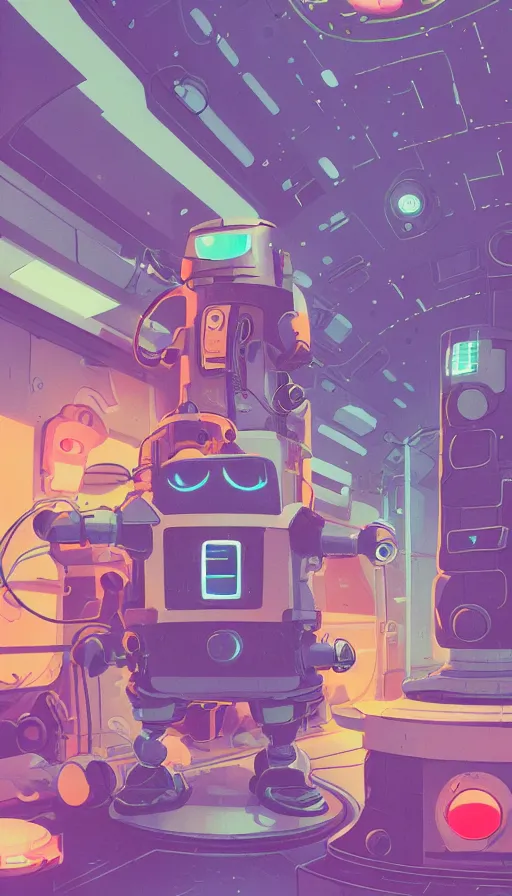 Image similar to a lonely robot in a space station, sharp focus, james gilleard, moebius, print, risograph, cinematic, game art