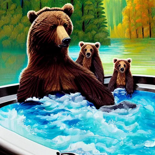 Image similar to grizzly bear family chilling in a hot tub, calming, nature, painting, cute, bob ross.