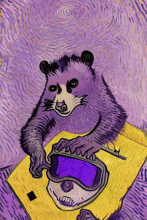 Image similar to selfie laughing purple space racoon by Vincent van Gogh