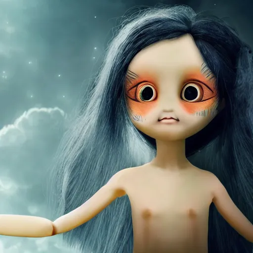 Image similar to a little alien girl with big sad black eyes and long hair holds a doll in her hands, sci - fi, 3 d, mysterious atmosphere, photorealistic, ultradetails