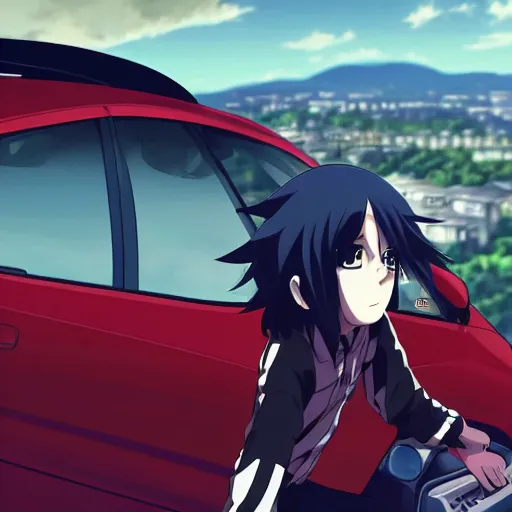 Prompt: close up of a high definition anime guy with short dark blue hair and black streetwear clothing riding a dark red 1996 Hyundai Accent car with armenia quindio in the background, Artwork by Makoto Shinkai, pixiv, 8k, official media, wallpaper, hd