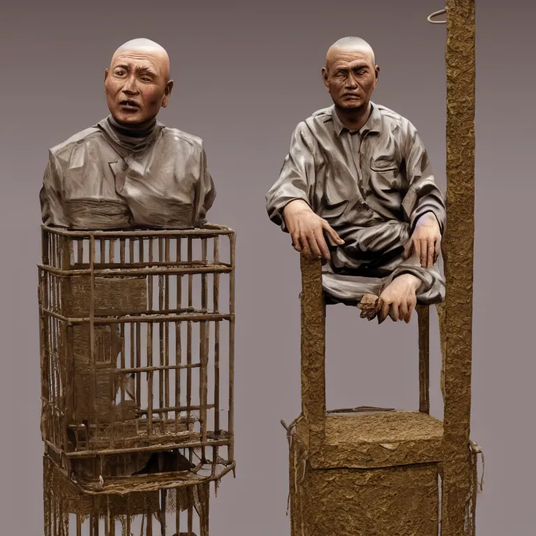 Image similar to hyperrealistic sculpture of a bronze uyghur prisoner in a cage made of low poly acrylic on a pedestal by ron mueck and duane hanson and lee bontecou, hyperrealistic dramatic colored lighting trending on artstation 8 k