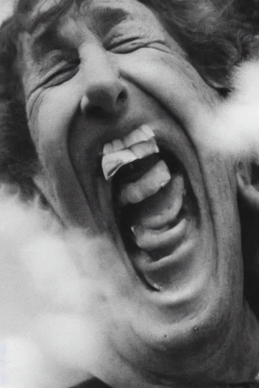 Image similar to close - up, photography of coluche laughing, photography of pierre desproges laughing, clouds everywhere