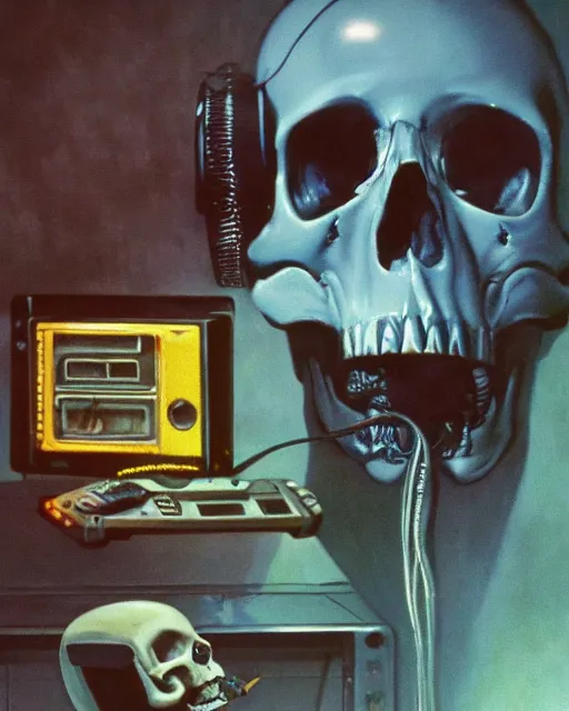 Image similar to a sarcastic skull observing 8 0 s era technology, vintage shapes, retro technology, vintage color, wayne barlow, oil on canvas, deep depth of field, masterpiece, cinematic composition, hyperdetailed