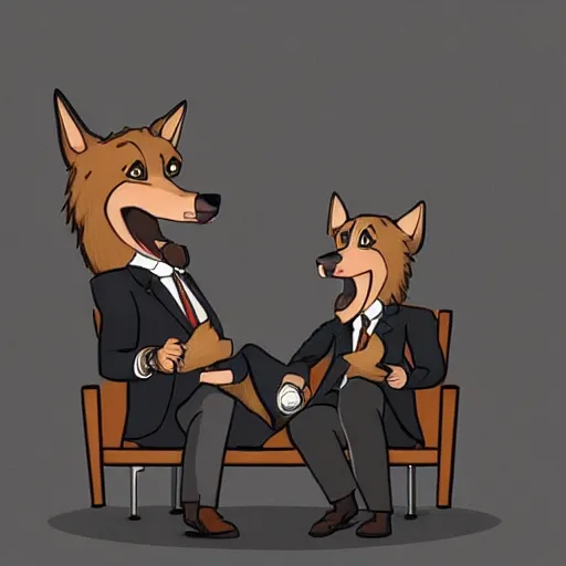 Image similar to two anthropomorphic german shepherds beast - men, they are wearing suits sitting on a couch and talking together, artstation, concept art, smooth, sharp foccus ilustration, artstation