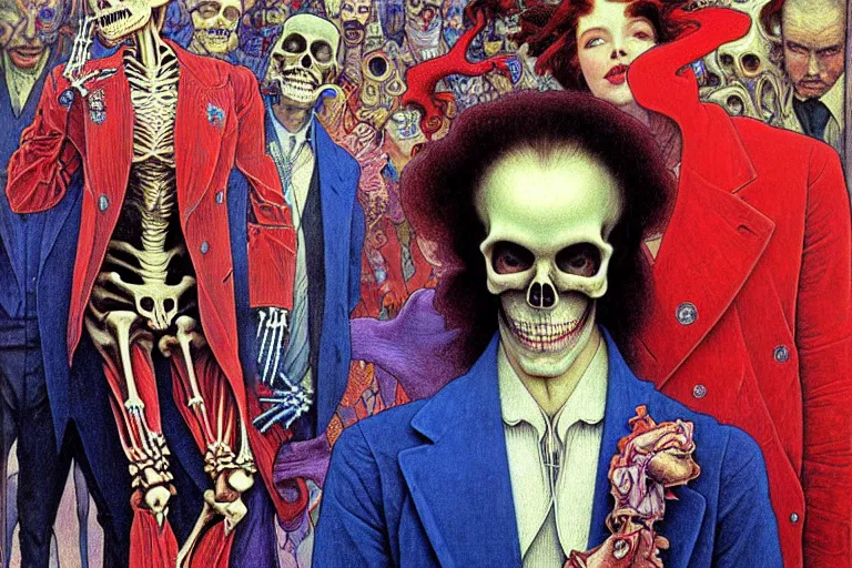 Image similar to realistic detailed closeup portrait painting of a single skeleton wearing red velvet blazer in a crowded futuristic moscow street by Jean Delville, Amano, Yves Tanguy, Alphonse Mucha, Ernst Haeckel, Edward Robert Hughes, Roger Dean, rich moody colours, blue eyes