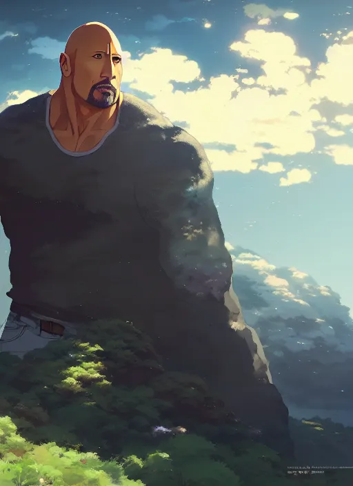 Prompt: portrait of dwayne rock johnson, cloudy sky background lush landscape illustration concept art anime key visual trending pixiv fanbox by wlop and greg rutkowski and makoto shinkai and studio ghibli