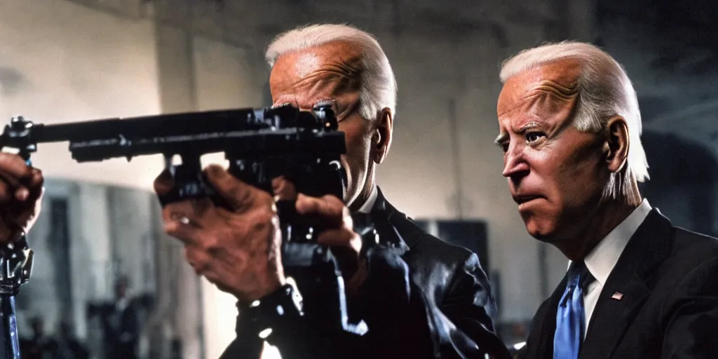 Image similar to joe biden in the terminator executing donald trump, cinematic, establishing shot, extremly high detail, photorealistic, cinematic lighting, style by James Gurney