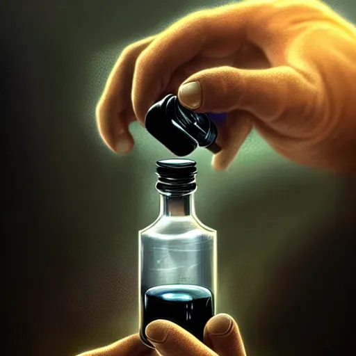 Prompt: detailed digital art of a normal hand holding a single tiny unlabeled clear medicine bottle half-full of mysterious black liquid; magic the gathering art by Volkan Baga, rk post, Lindsey Look, artstation