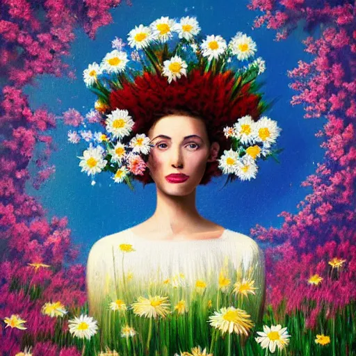 Prompt: a surrealist painting of a woman standing in a field of flowers with daisies for a head by rhads, shutterstock contest winner, pop surrealism. made of flowers