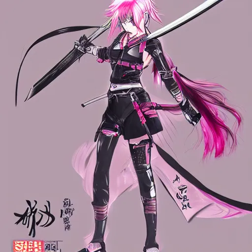 Image similar to An anime girl with pink hair, holding a katana, in samurai outfit, drawn by Yoji Shinkawa, highly detailed, trending on art station, sci-fi themed, dynamic posing