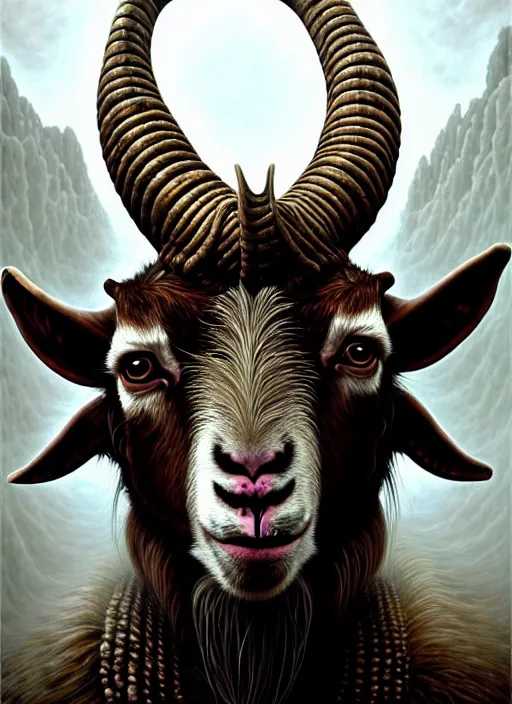 Image similar to portrait shot of a demonic goat, a scenic dystopian environment, intricate, elegant, highly detailed, centered, digital painting, artstation, concept art, smooth, sharp focus, illustration, artgerm, tomasz alen kopera, peter mohrbacher, donato giancola, joseph christian leyendecker, wlop, boris vallejo