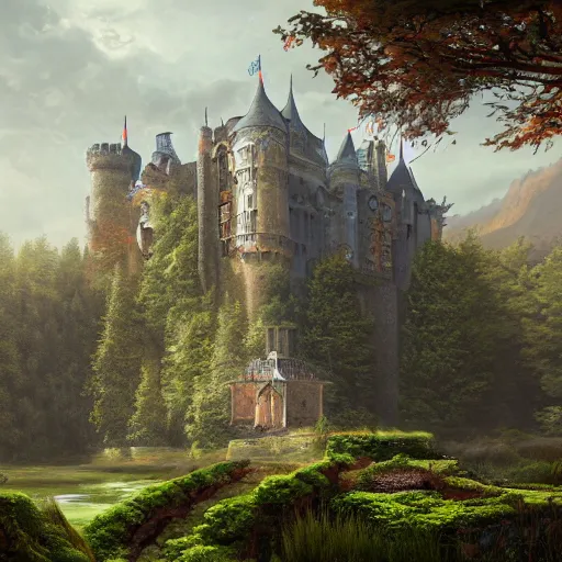 Image similar to a painting of a castle in the middle of a forest, a detailed matte painting by senior environment artist, cgsociety, gothic art, matte painting, rendered in unreal engine, artstation hq