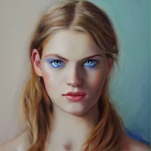 Prompt: a beautiful young woman with blue eyes posing for a picture, a photorealistic painting by louisa puller, trending on pinterest, rococo, white background, studio portrait, sensual