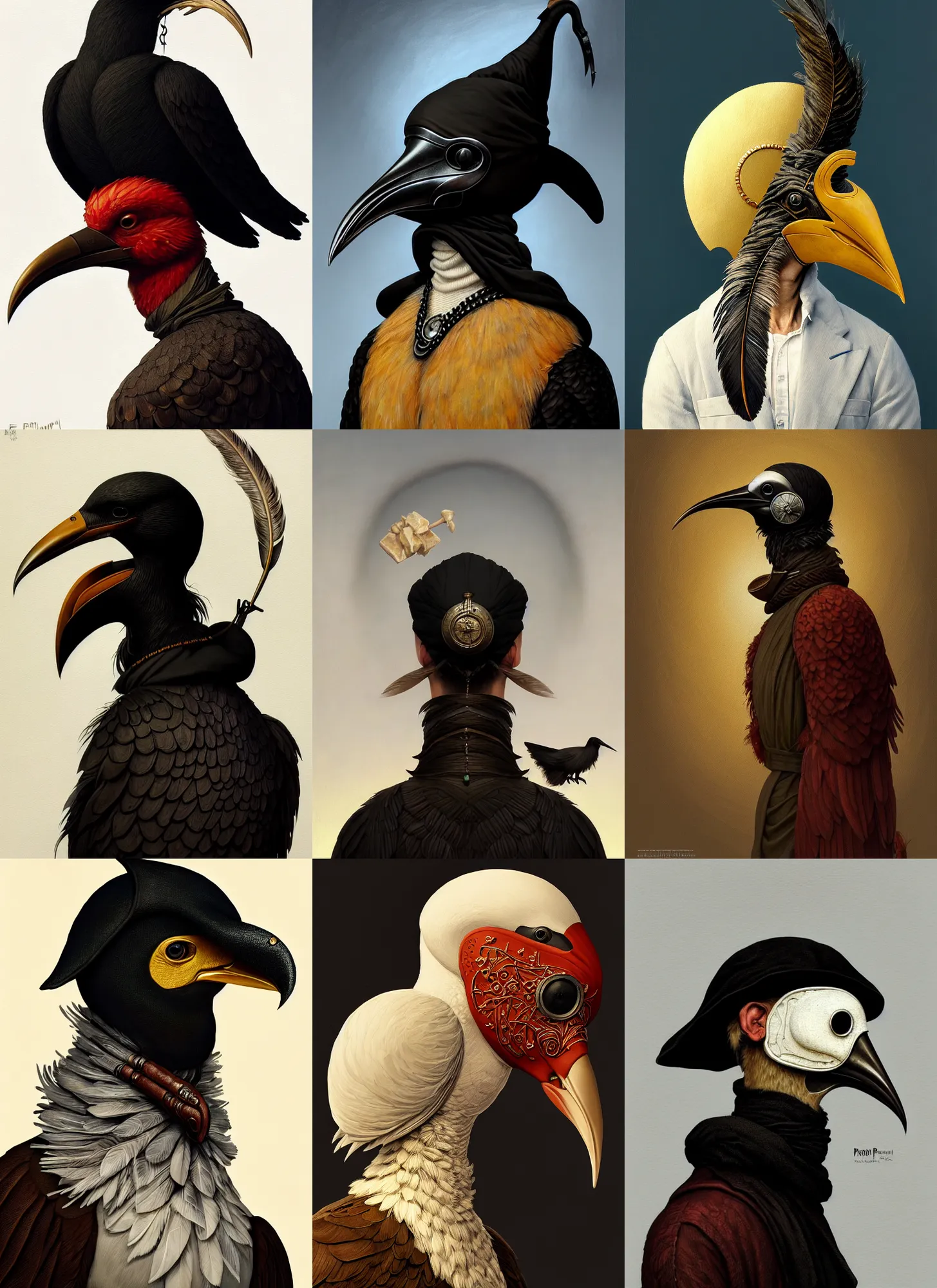 Image similar to rpg! profile! portrait of humanoid bird on white background, beak, feathers, plague doctor, beautiful clothes, intricate, highly detailed, digital painting, artstation, concept art, smooth, sharp focus, illustration, art by norman rockwell emiliano ponzi andrey remnev yoann lossel aaron jasinski, 8 k