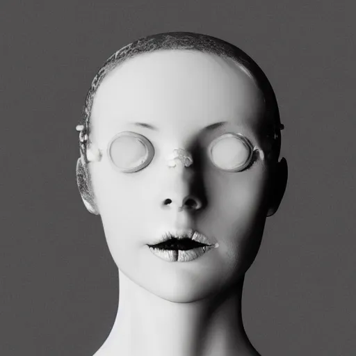 Image similar to black and white dreamy foggy smoky profile face portrait, single skeletal biomechanical beautiful young female cyclops - cyborg - robot bust, body ribs meshes,, volumetric light, rim light, by dora maar and cecile beaton, big gothic fashion pearl embroidered collar, 8 k