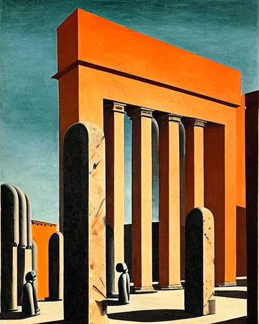 Image similar to painting by giorgio de chirico. grotesque faceless stone statues in a surreal stone city. dark orange, dark teal, brown, marble. uncanny statues on a flat roof with an ancient skyline silhouette against a dark teal sky.