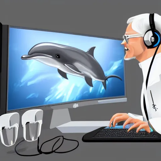 Image similar to An anthropomorphic grey dolphin wearing a white lab-coat and playing games on a computer, digital painting, close-up, wearing a headset