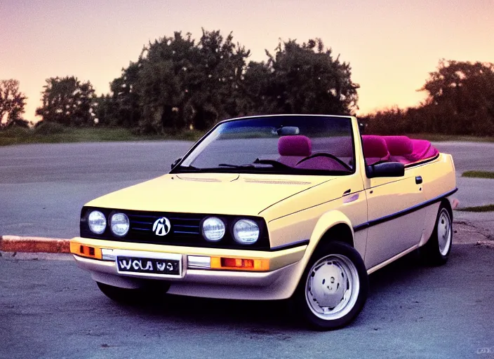 Prompt: color photo of a volkswagen golf cabriolet the 8 0's. gradient sky in the background. new wave style