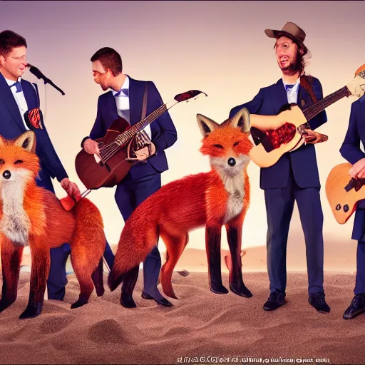 Image similar to photorealistic music album cover, with foxes animals dressed in suits, holding guitars, on a beach, all looking at camera, studio lighting, award winning photograph, 8 5 mm f / 1. 4