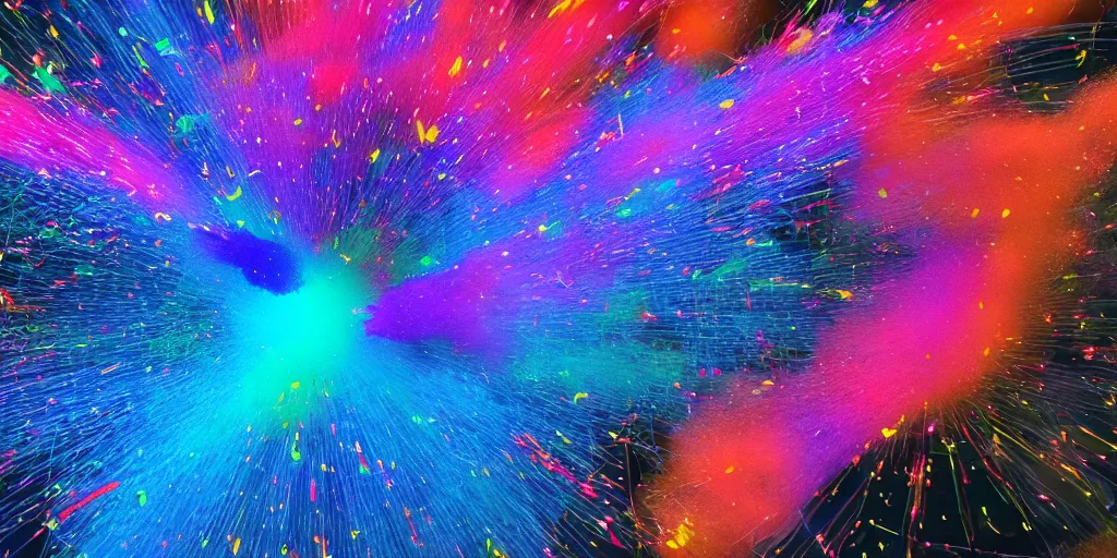 Image similar to colorful powder explosion in the air, houdini redshift rendered, high in detail.