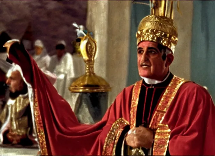 Image similar to a film still of the pope dressed in egyptian style as the faraoh, in the 1 0 commandments ( 1 9 5 6 ), technicolor color