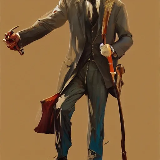 Image similar to distinguished gentleman with electrified walking cane, portrait, behance hd artstation, style of jesper ejsing