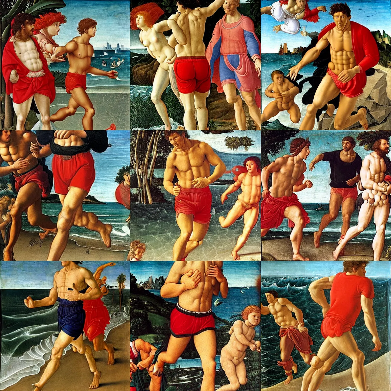 Prompt: david hasselhoff running in red shorts on a beach, renaissance painting by sandro botticelli, highly detailed fine art