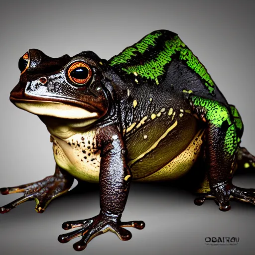 Prompt: photograph of wonderful batman cane toad with smooth froggy batsuit, alluring hero pose, its just a frog wearing a costume, painterly, breathtaking stande, triumphant, ornate, intricate, hyper detailed, accent lighting, dramatic light, 4 k octane render