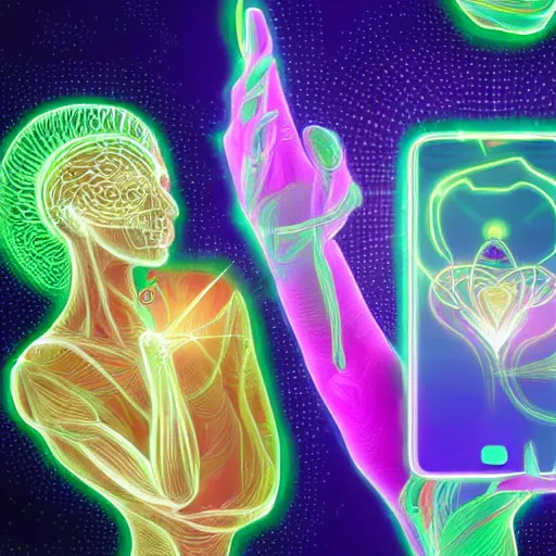 Prompt: two doctors checking their smartphones across the world. two smartphones connected through light beams. heart and brain. digital painting, high detail, 8 k, intricate ornamental details, vibrant iridescent colors, green magenta and gold, futuristic