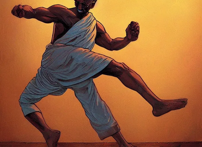 Image similar to Ghandi doing a perfect high kick. Epic painting by James Gurney and (Laurie Greasley). Beautiful lighting.