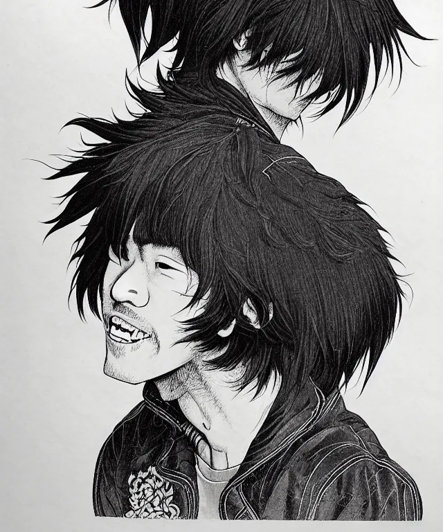 Image similar to a half / profile portrait of a happy teenage japanese man, his hair is messy and unkempt, he is wearing an embroidered leather jacket, a masterwork illustration by kim jung gi, otomo katsuhiro and terada katsuya, realistic proportions and correct anatomy