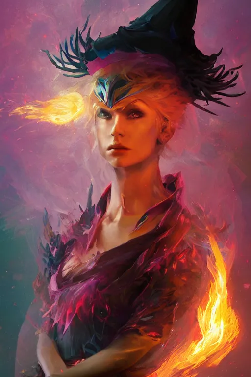 Image similar to a fancy portrait of a beautiful dark magician women wearing a great witches hat covered in colourfull flames by Greg Rutkowski, Sung Choi, Mitchell Mohrhauser, Maciej Kuciara, Johnson Ting, Maxim Verehin, Peter Konig, final fantasy , mythical, 8k photorealistic, cinematic lighting, HD, high details, atmospheric,