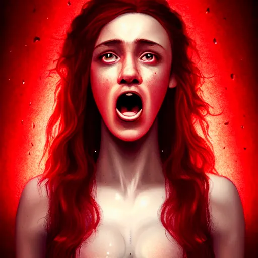 Image similar to beautiful Stella Maeve screaming in a red cave, blue lighting deep in the cave, symmetrical face symmetrical eyes, red hair, portrait, Charlie Bowater character art, no long neck, cinematic lighting