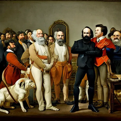 Image similar to the joe rogan podcast with karl marx and elon musk, intricate, highly detailed, digitial painting, art by jacque - louis david