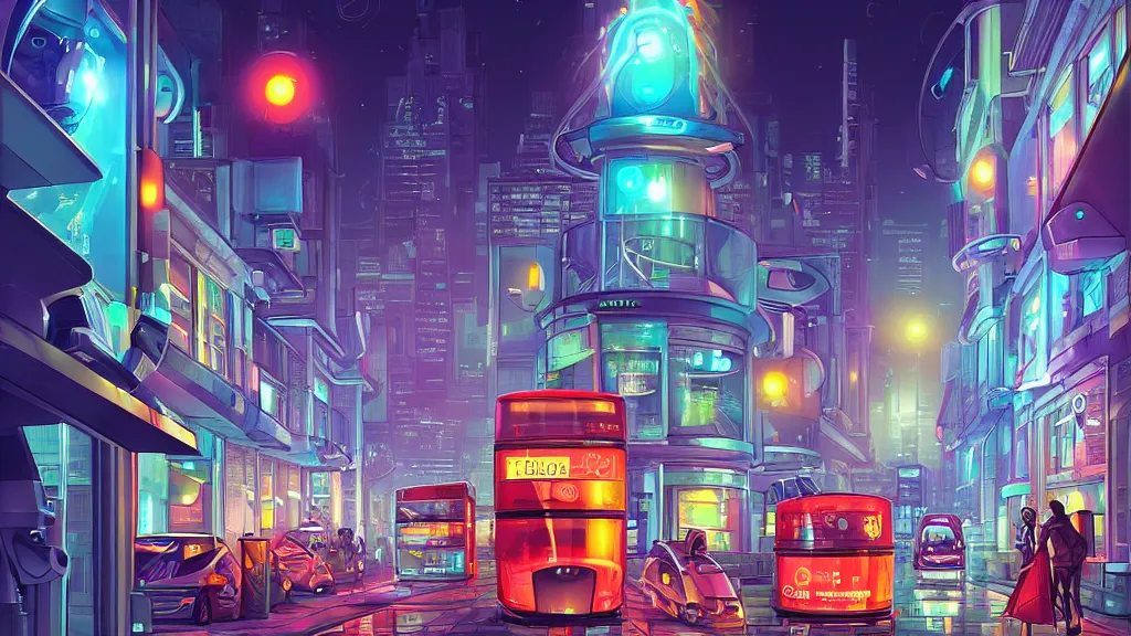 Prompt: street view of futuristic robot london city at night by cyril rolando and naomi okubo and dan mumford and zaha hadid. robots. advertisements for robots. robotic elegant lamps. robotic double decker bus.