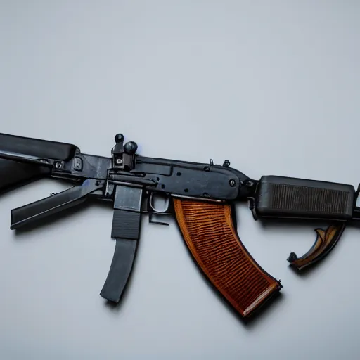 Prompt: A medium shot photograph of an AK-47 against a white background, 4k, ultra HD