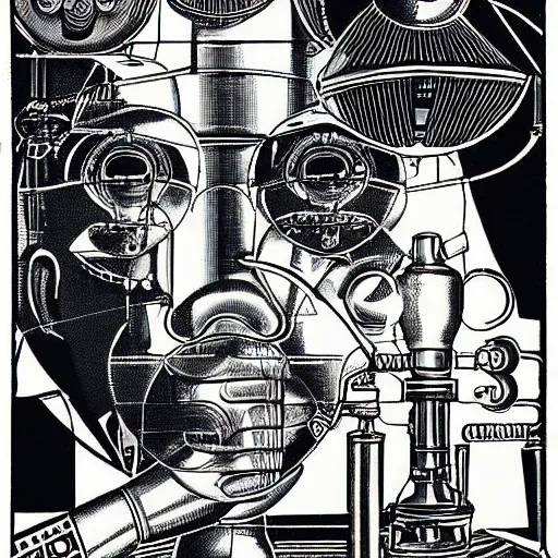 Image similar to a black and white drawing of a man in a lab, a mid - nineteenth century engraving by eduardo paolozzi, behance, les automatistes, concert poster, poster art, tarot card