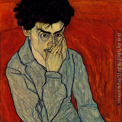 Image similar to painting of a man sitting at a grand piano, but not playing. he's looking into the void. by schiele