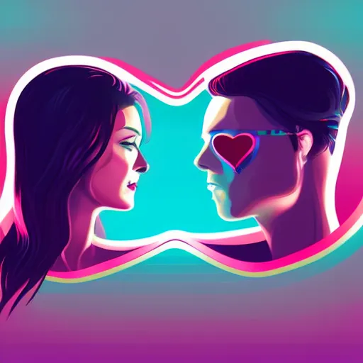 Image similar to two beautiful faces of a woman and a man, with a tatoo of semi colon on their face, in retro colors, synthwave style, 2 d digital vector art