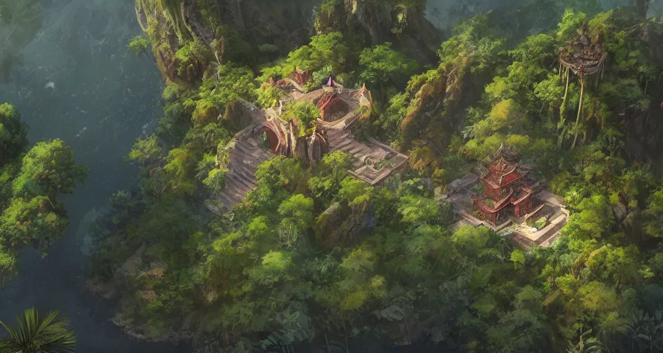 Image similar to Very small fantasy island with a temple in the middle of a tropical forest, view from above. by Greg Rutkowski, by Jesper Ejsing, by Makoto Shinkai, trending artstation, concept art, highly detailed,8k