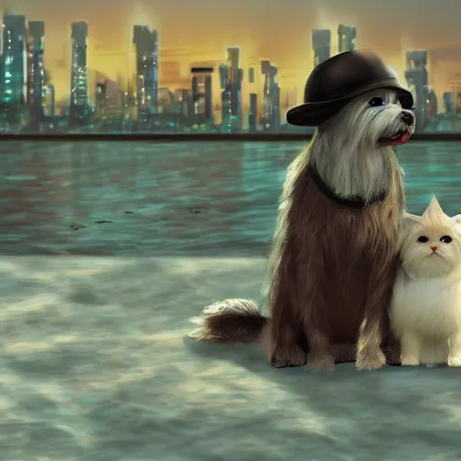 Image similar to maltese dog and calico cat on a cyberpunk beach