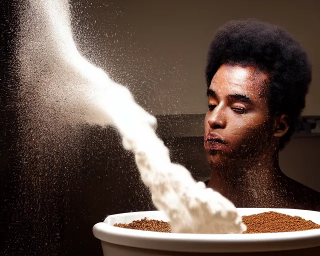 Image similar to A man with an afro mixes flour and oil then pours it down the drain, dynamic lighting, photograph